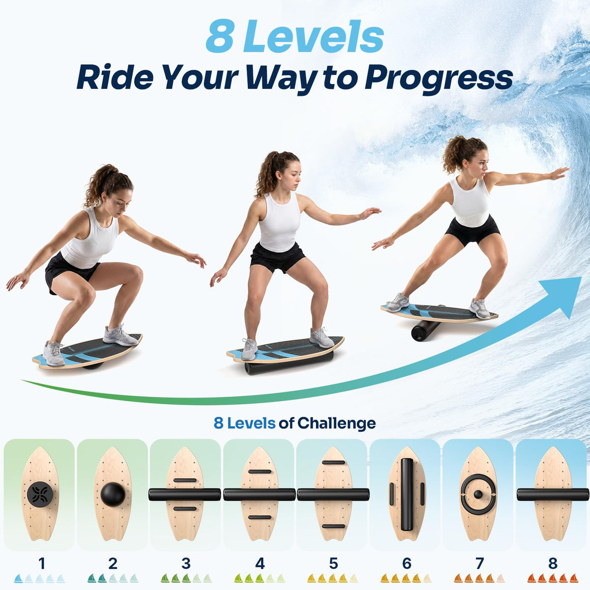 8-in-1 Wooden Balance Board for Surf Training