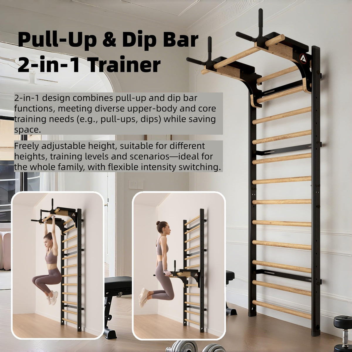Wood Stall Bar with Adjustable Pull-Up & Dip Station