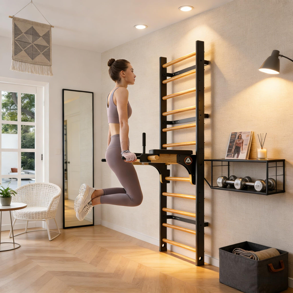 Wood Stall Bar with Adjustable Pull-Up & Dip Station